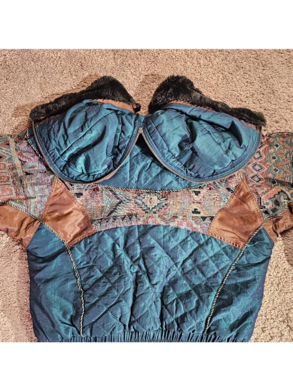 Vintage East West Coat Womens M Quilted Hood Faux Fur Trim Jacket Boho Y2K - Picture 13 of 14